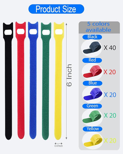 120 PCS 6 Inches Reusable Cable Ties, 5 Colors Adjustable Cord Organizer, Hook and Loop Wire Ties for Cable Management, Multi-Purpose Cord Wraps for Home, Office, and Desk