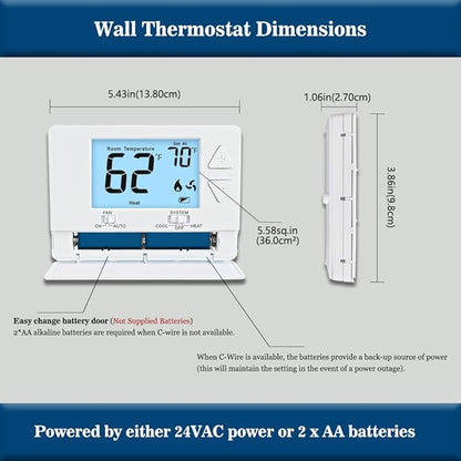 NonProgrammable Thermostat for Home, Digital Energy-Saving Thermostat,Single-Stage Systems, 1 Heat/1 Cool, Easy DIY Install,White Backlight