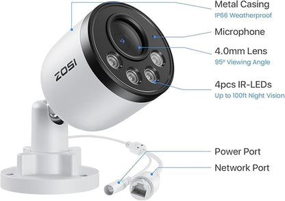 ZOSI 4K PoE Add on Security PoE Camera,8MP CCTV Weatherproof Indoor Outdoor Bullet Surveillance Camera,One-Way Audio,100ft Night Vision,Human Vehicle Detection,Only Compatible with ZOSI 4K POE NVRs