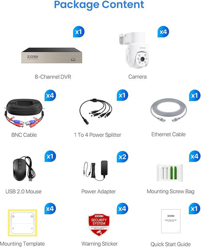 ZOSI 5MP Wired Security Camera System with 4pcs 1080p Pan/Tilt 360°View Indoor Outdoor Camera, AI Human Vehicle Detection, Night Vision, Audio Recording, Remote Access (No HDD)
