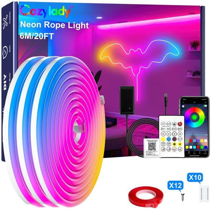 Cozylady ozylady RGB Neon Light LED Rope Light (6M/20Ft) 6M RGB Neon LED Rope Light,20ft Waterproof Bluetooth APP Remote Control Music Sync Strip,24V Flexible DIY Silicone Light for Bedroom Home