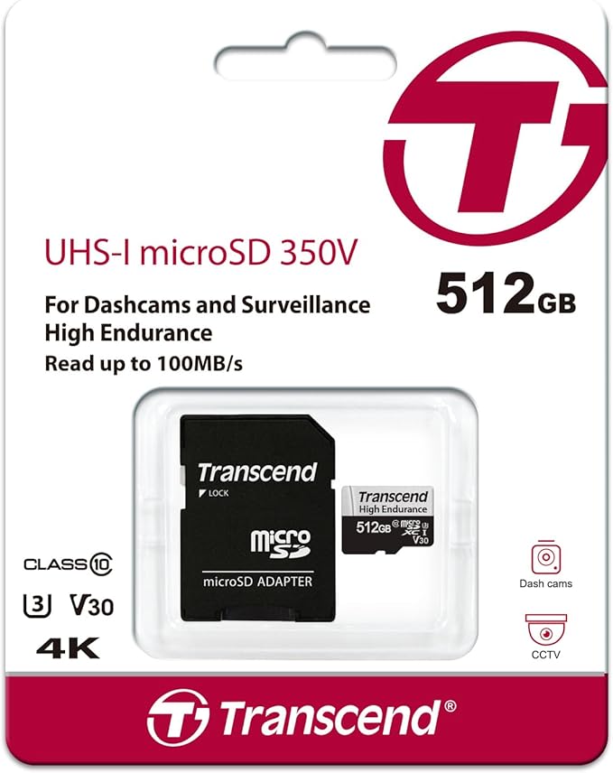 Transcend USD350V Micro SD Card 512GB, U3 V30 Memory Card for Nintendo-Switch/Dash cam/Security Cam/Surveillance/GoPro/Insta360/DJI/Drone/Action Cam, Up to 100MB/s, Full HD Video Recording w/Adapter