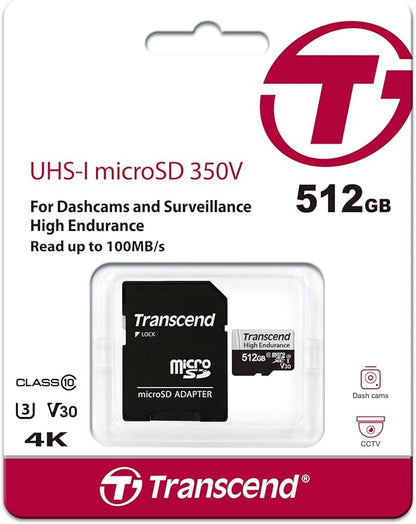 Transcend USD350V Micro SD Card 512GB, U3 V30 Memory Card for Nintendo-Switch/Dash cam/Security Cam/Surveillance/GoPro/Insta360/DJI/Drone/Action Cam, Up to 100MB/s, Full HD Video Recording w/Adapter