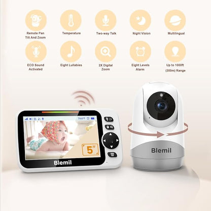 Blemil Baby Monitor with 30-Hour Battery, 5" Large Split-Screen Video Baby Monitor with Camera and Audio, 3500mAh Battery, Remote Pan/Tilt/Zoom Camera, Two-Way Talk, Night Vision, Lullabies, No WiFi