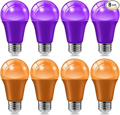haraqi 8 Pack 9W (60W Equivalent) 120V E26 Base A19 LED Colored Light Bulb, Orange and Purple LED Lights for Party Christmas Decor and Halloween Lighting