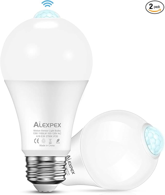 Motion Sensor Light Bulbs, 13W(100W Equivalent) 1100lm Auto Dusk to Dawn LED Bulb, A19 E26 Motion Activated Lightbulb 2700K Soft White Indoor Lighting for Closets Entryways Hallways 2 Pack