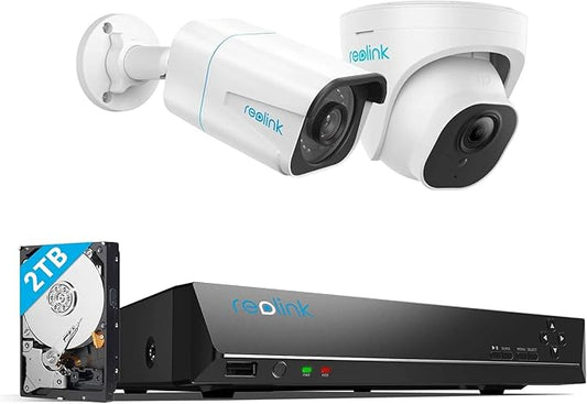REOLINK 4K PoE NVR 8 Channel Pre-Installed 2TB HDD, 4K Ultra HD PoE Outdoor Security Cameras with Smart Detection, RLN8-410 NVR Bundle with RLC-810A and RLC-820A