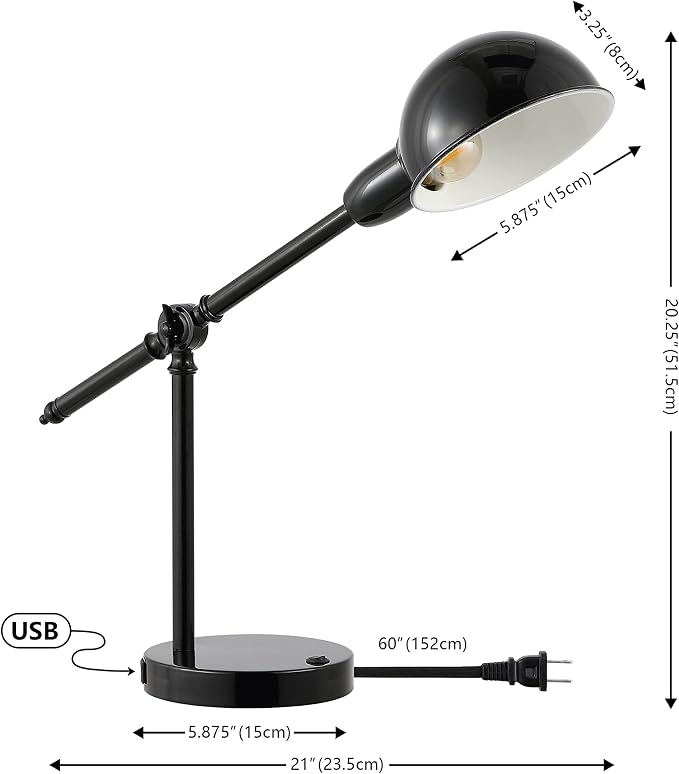 JONATHAN Y Curtis Task Lamp 20.25" Industrial Metal Adjustable USB, Black | Vintage Style, Dome Shade, LED Bulb Included, Perfect for Home Office or Nightstand