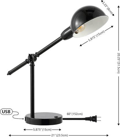 JONATHAN Y Curtis Task Lamp 20.25" Industrial Metal Adjustable USB, Black | Vintage Style, Dome Shade, LED Bulb Included, Perfect for Home Office or Nightstand