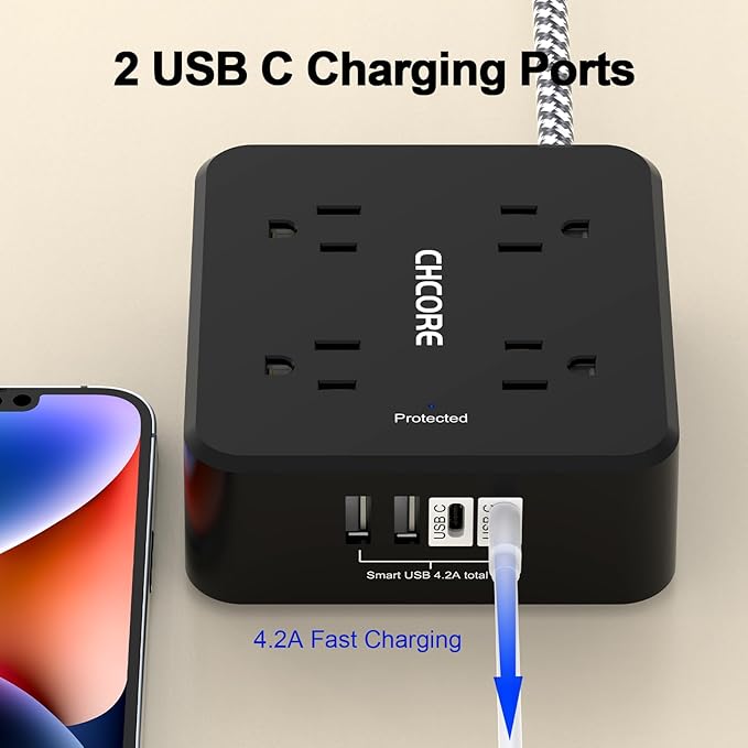 Surge Protector Power Strip - CHCORE 5Ft Braided Extension Cord with 8 Outlets with 4 USB (2 USB C) Charging Ports, Flat Plug Multi Plug Outlet Extender Charging Station for Home Office, ETL, Black