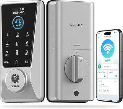 DESLOC WiFi Smart Lock D110 Plus, Built-in Wi-Fi No Hub Needed, Fingerprint Keyless Entry Front Door Lock, Touchscreen Keypad Deadbolt with Backlit, APP Control, Auto Lock, Anti-Peep PIN, BHMA Grade 3