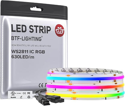 BTF-LIGHTING 9.8FT WS2811 Smart IC RGB DC24V FCOB COB LED Strip Light | UL Listed 630LEDs/m High Density Color Chasing Light 10mm Width for Home Party DIY Lighting(No Adapter or Controller)