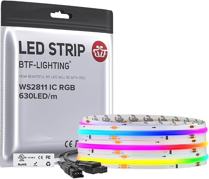 BTF-LIGHTING 9.8FT WS2811 Smart IC RGB DC12V FCOB COB LED Strip Light | UL Listed 630LEDs/m High Density Color Chasing Light 10mm Width for Home Party DIY Lighting(No Adapter or Controller)