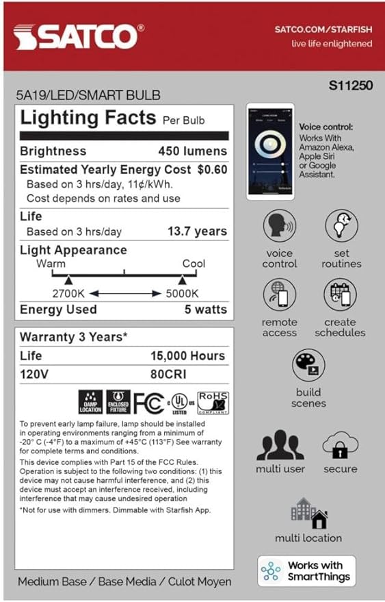 Satco S11250 Starfish Tunable White WiFi Smart LED Light Bulb, Works with Siri, Alexa, Google Assistant, SmartThings, Clear, A19, 1 Pack