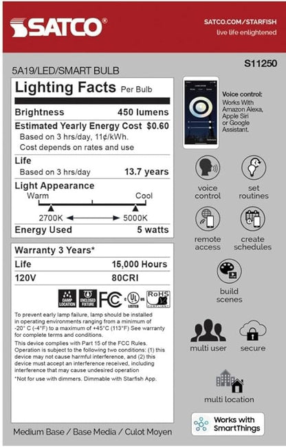 Satco S11250 Starfish Tunable White WiFi Smart LED Light Bulb, Works with Siri, Alexa, Google Assistant, SmartThings, Clear, A19, 1 Pack