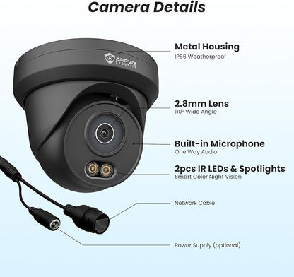 Anpviz 4K 8MP PoE Security IP Camera Outdoor Wired, AI Human Vehicle Detection, 100FT Smart Dual Light Color Night Vision, Built-in Mic, IP66 Waterproof, Black, NDAA, IPC-D3B83B-S (U Series)