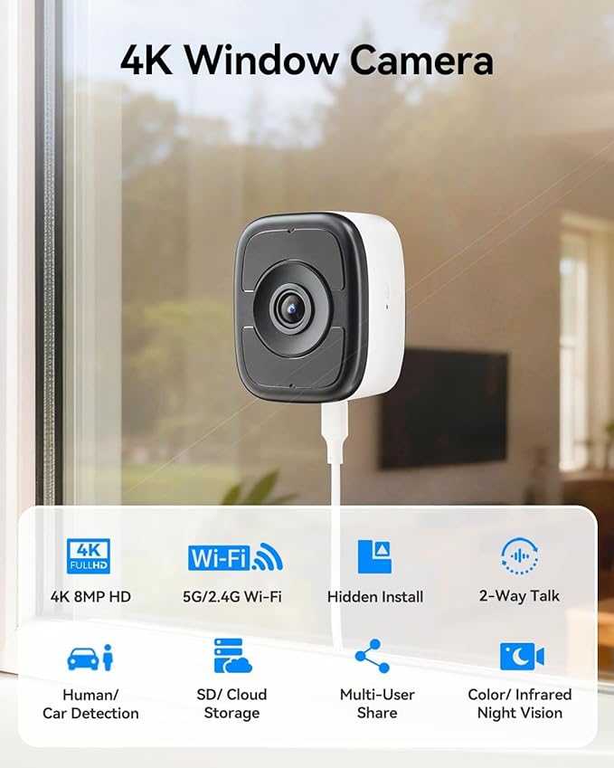 LongPlus 8MP 4K Indoor Window Camera, Safeview Window Security Camera with Night Vision Full Color, Magnetic Window Camera for Home Security,Human Car Detection,2.4/5GHz WiFi,24/7 Recording,2 Way Talk