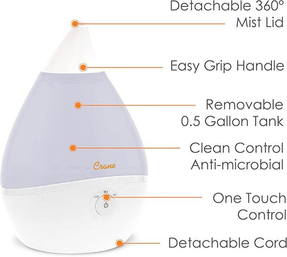 Crane Droplet Ultrasonic Small Air Humidifiers for Bedroom and Office, 0.5 Gallon Cool Mist Humidifier for Plants and Home, Humidifier Filters Optional, White