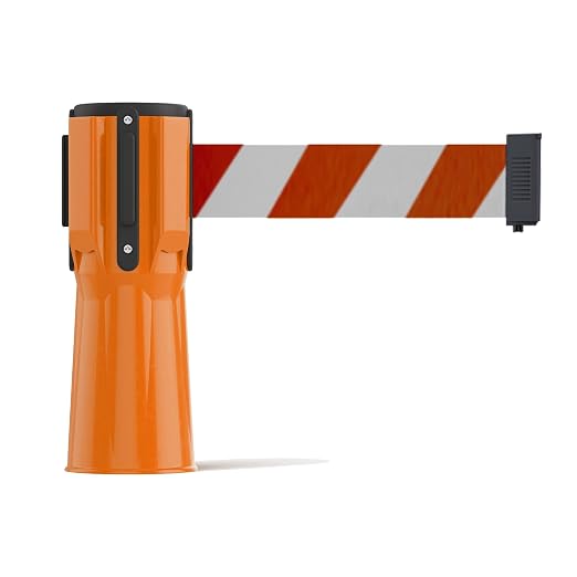 Trafford Industrial 11 Ft Cone-Mounted Retractable Belt Barrier Orange Case | Red and White Diagonal Color, Durable 2-inch Herringbone Webbing, ABS Construction, Retraction Control and 4-way Receiver.