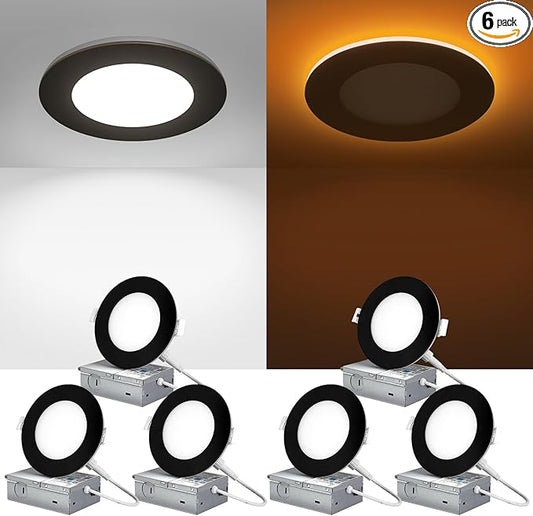 ZYC Canless LED Recessed Lighting 4 Inch 6 Pack 5CCT Ultra-Thin Downlight Lights with Night Light Mode,9W 800LM Dimmable Retrofit Wafer Recessed Ceiling Light,1800K to 6000K