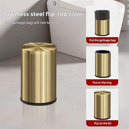 9L/2.4Gal Gold Trash Can,Brass Bathroom Garbae Can with Flipping Lid,Small Brass Garbage Can for Office, Laundry Room,Bedroom,Hotel