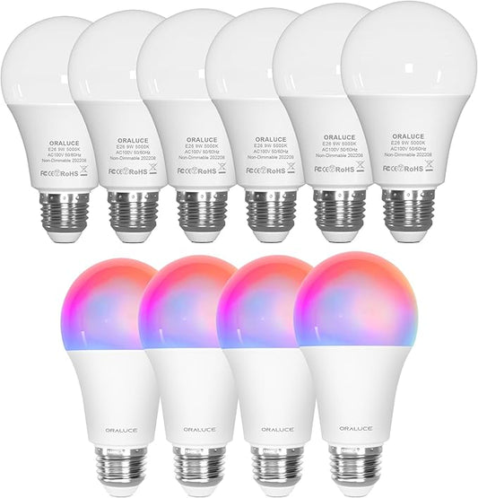 ORALUCE 丨 Bundle - A19 Lightbulbs Daylight White 5000K (Pack of 6) & Smart LED Bulb A19 Wi-Fi and Bluetooth (Pack of 4)