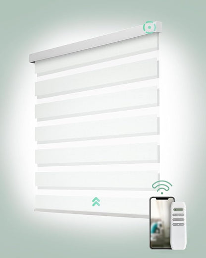 Yoolax Motorized Zebra Blinds, Remote Zebra Shades for Indoor Windows, Motorized Shades with Remote Light Control Horizontal Window Blinds Custom Size(100% Blackout Striped Ivory)