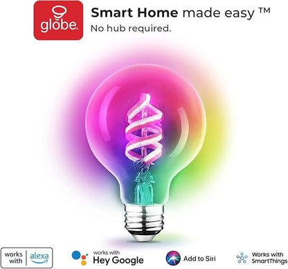 GLOBE Electric 35851 Wi-Fi Smart 7W (60W Equivalent) Spiral Filament Multicolor Changing LED Light Bulb, No Hub Required, Voice Activated, 2000K-5000K, G25 Shape, E26 Base, Vintage Edison (Pack of 6)