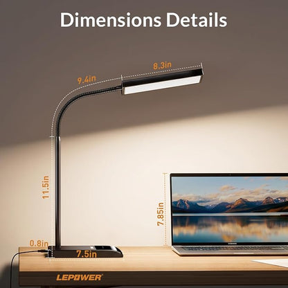 LEPOWER Desk Lamp, 800LM LED for Home Office, True Eye-Caring for Reading | 50 Lighting Modes, 2X Wider Panel, 360° Flexible Gooseneck, Touch Control, 12W Bright Table Lamp for Dorm, Bedroom, Study