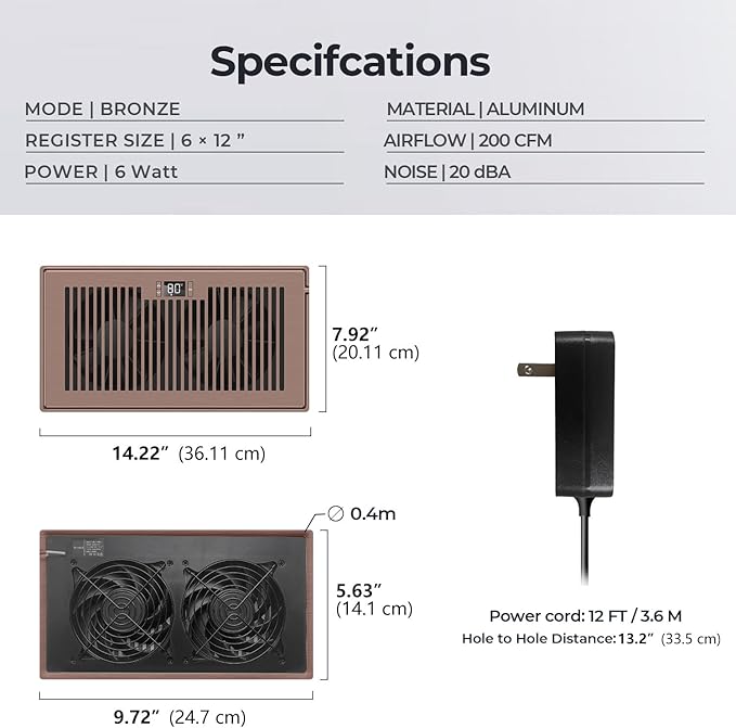 BIOWIND Quiet Register Booster Fan Fits 6" x 12" Register Holes, 10-Speed Smart Heating Cooling AC Vent Fan with Remote Control and Thermostat Control - Bronze