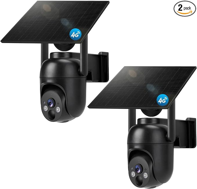 4G LTE Cellular Security Camera 2 Pack, Built-in SIM Card, Solar Powered