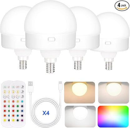 Yochoice 4-Pack E12 Rechargeable Battery Operated Light Bulb with Remote, Dimmable LED Bulb with 15 Colors Selectable & 3 Timer, Wireless Detachable Puck Light Bulb for Wall Sconce, Non-Hardwired