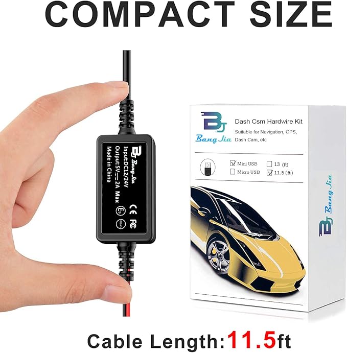 Dash Cam Hardwire Kit Mini USB Bangjia 12V-24V to 5V/2A Car Dash Camera Charger Power Cord（11.5ft