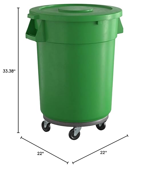 32 Gallon Green Round Commercial Trash Can with Lid and Dolly, Heavy-Duty Food Grade NSF Certified, Perfect for Restaurant, Office, School, Garage, Backyard, Workshop, Warehouse