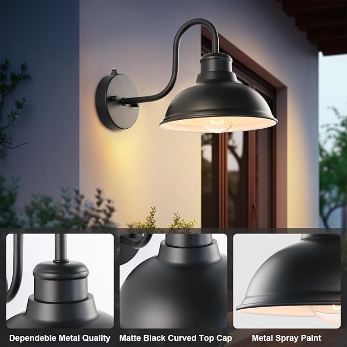 12" Outdoor Barn Gooseneck Light, Large Exterior Wall Sconce, Black Classic Farmhouse Industrial Wall-Mounted Barn Light Fixture for Garage/Porch/Patio