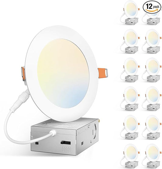 Amico 12 Pack 5 Inch 5CCT Ultra-Thin LED Canless Recessed Ceiling Light with Junction Box, 2700K/3000K/3500K/4000K/5000K Selectable, 11W=75W, 900LM High Brightness, Dimmable Wafer Downlight, ETL&FCC