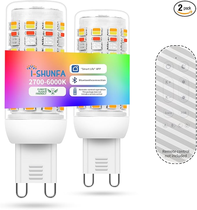 I-SHUNFA Smart G9 RGBCW LED Bulbs, App Control, AC 120V, 2700K-6500K + 16M Colors, Dimmable 1%-100%, 4W 400LM, Music Sync, Timer (2 Pack Bulbs Only)