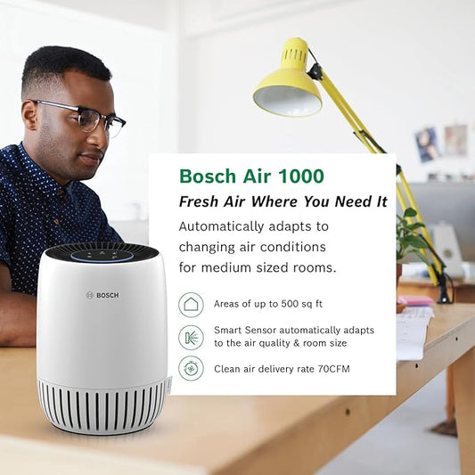 BOSCH Air Purifier for Home, Small Spaces (Covers,500-sq ft), 2-in-1 Filter for Pollen, Smoke, Dust, Dander, Outdoor Pollution, Odors, Air 1000, White