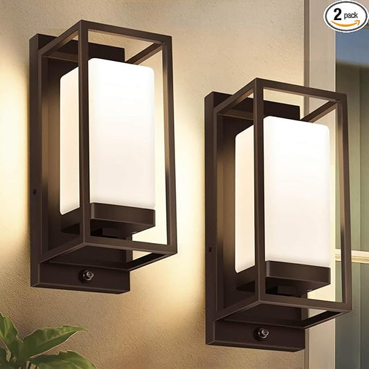 RAYVO Modern Outdoor Wall Light with Dusk to Dawn Sensor, Waterproof Exterior Lighting Fixtures with E26 Base, 3000K LED Bulb Included, Outdoor Sconce Lights for Porch Garage Entryway, Bronze, 2 Pack