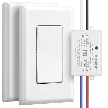 SURAIELEC 3 Way Wireless Light Switch, No Wiring, No WiFi, 100ft RF Range, Pre-Programmed, Expandable Wireless Wall Switch and Receiver Kit, Remote Control Light Fixture for Lamp, Ceiling Light, Fan