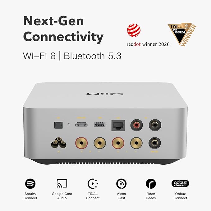 WiiM Amp Ultra with Voice Remote 2 | 100W Streaming Amplifier with Premium ESS ES9039Q2M DAC & Dual TI TPA3255 Amps | Built-in RoomFit EQ & Touchscreen | HDMI ARC, Optical, RCA Inputs | Silver