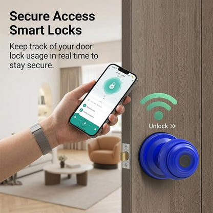 Smart Fingerprint Door Lock Knob, Tuya App Keyless Entry, Blue | Biometric Handle, Auto Lock, Remote Access，Easy Installation