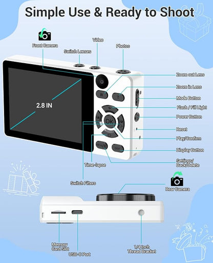4K Digital Camera for Photography- 64MP Autofocus Vlogging Camera with Dual Lens, 18X Digital Zoom- Small Point and Shoot Camera with Card and 2000mAh for YouTube, Travel, Beginners (White)