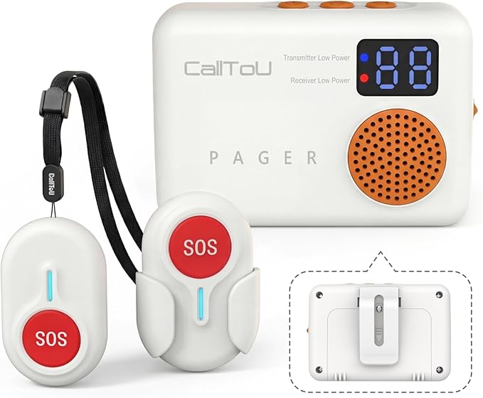 CallToU Caregiver Pager Wireless Call Button 500FT for Elderly Monitoring Vibration Call Bell Medical Alert System with Digital Display Low Power Reminder 2 Portable Receiver 2 SOS Call Button