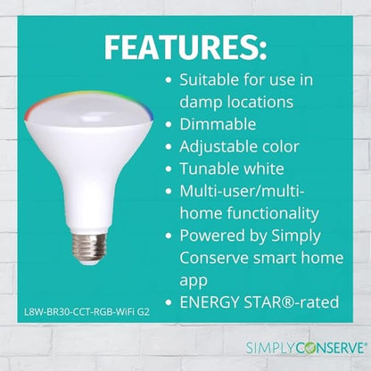 Simply Conserve 65-Watt Equivalent BR30 Smart Bluetooth LED Light Bulb with E26 Base Color Select (8-Pk)