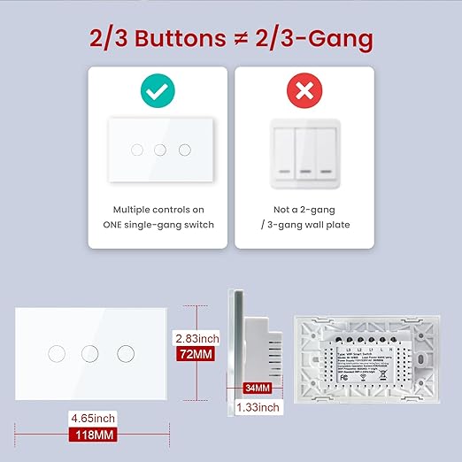 Smart Switch 118X72X34MM Neutral/No Neutral Wire Required, 2.4GHz Wi-Fi,Compatible with Alexa and Google Home 220V, White 3 Gang 1 Pack