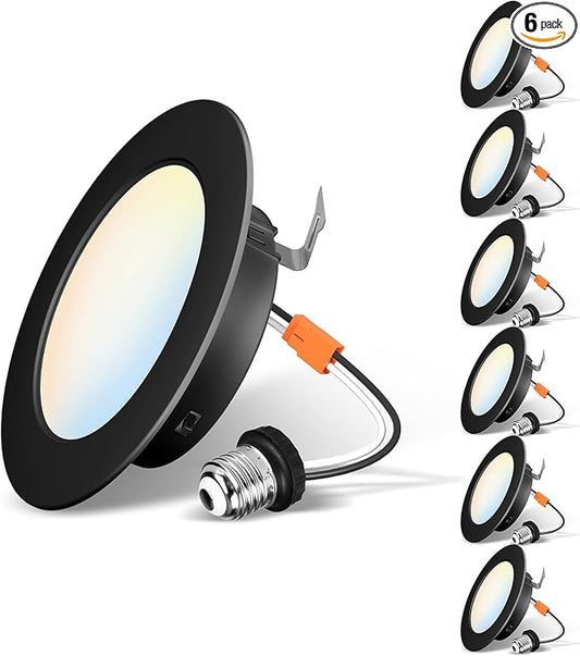 LVWIT Black LED Recessed Light 4 Inch, Can Lights Color Selectable 2700/3000/4000/5000/6000K 5CCT, 6W=85W,700LM,Dimmable Downlight with E26 Conversion Kit, 6 Pack,IC Rated