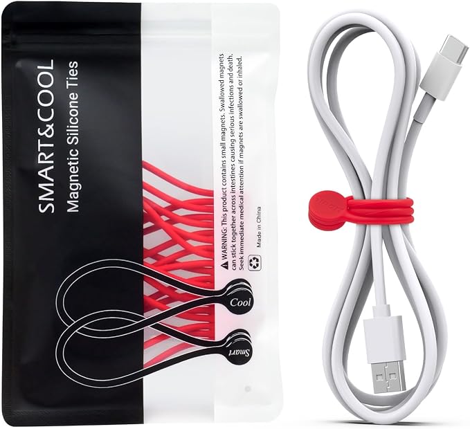 SMART&COOL Reusable Silicone Magnetic Cable Ties, Red, 10-Pack | For Bundling and Organizing, Holding Stuff, Book Markers, Fridge Magnets