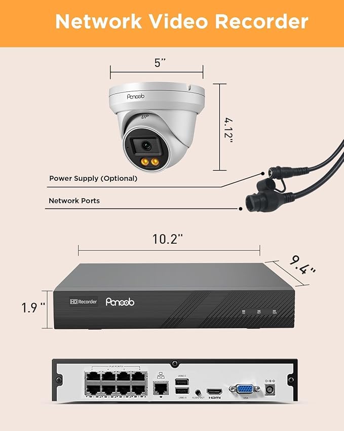 PoE Security Camera System, 8Pcs 5MP Wired IP Cameras with Audio, Smart Color Night Vision & AI Person Vehicle Detection, Remote Access, 8 Channel 4K NVR with 2TB HDD, PD93BA0808-5MD-1