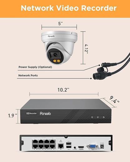 PoE Security Camera System, 8Pcs 5MP Wired IP Cameras with Audio, Smart Color Night Vision & AI Person Vehicle Detection, Remote Access, 8 Channel 4K NVR with 2TB HDD, PD93BA0808-5MD-1